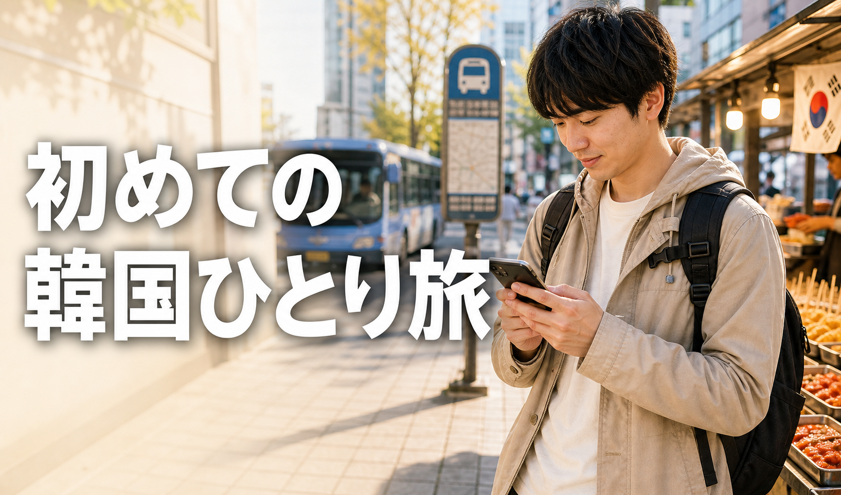 初めての韓国ひとり旅でソウルのバス停近くに立ち、スマホで移動を確認する男性