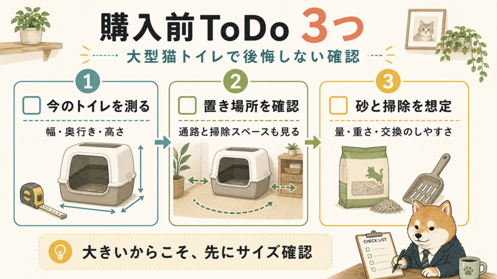 大型猫トイレ購入前に今のトイレサイズ、置き場所、猫砂と掃除の負担を確認するToDoリスト