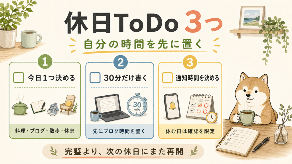 休日に今日やることを1つ決め、30分だけブログを書き、仕事通知を見る時間を決めるToDoリスト