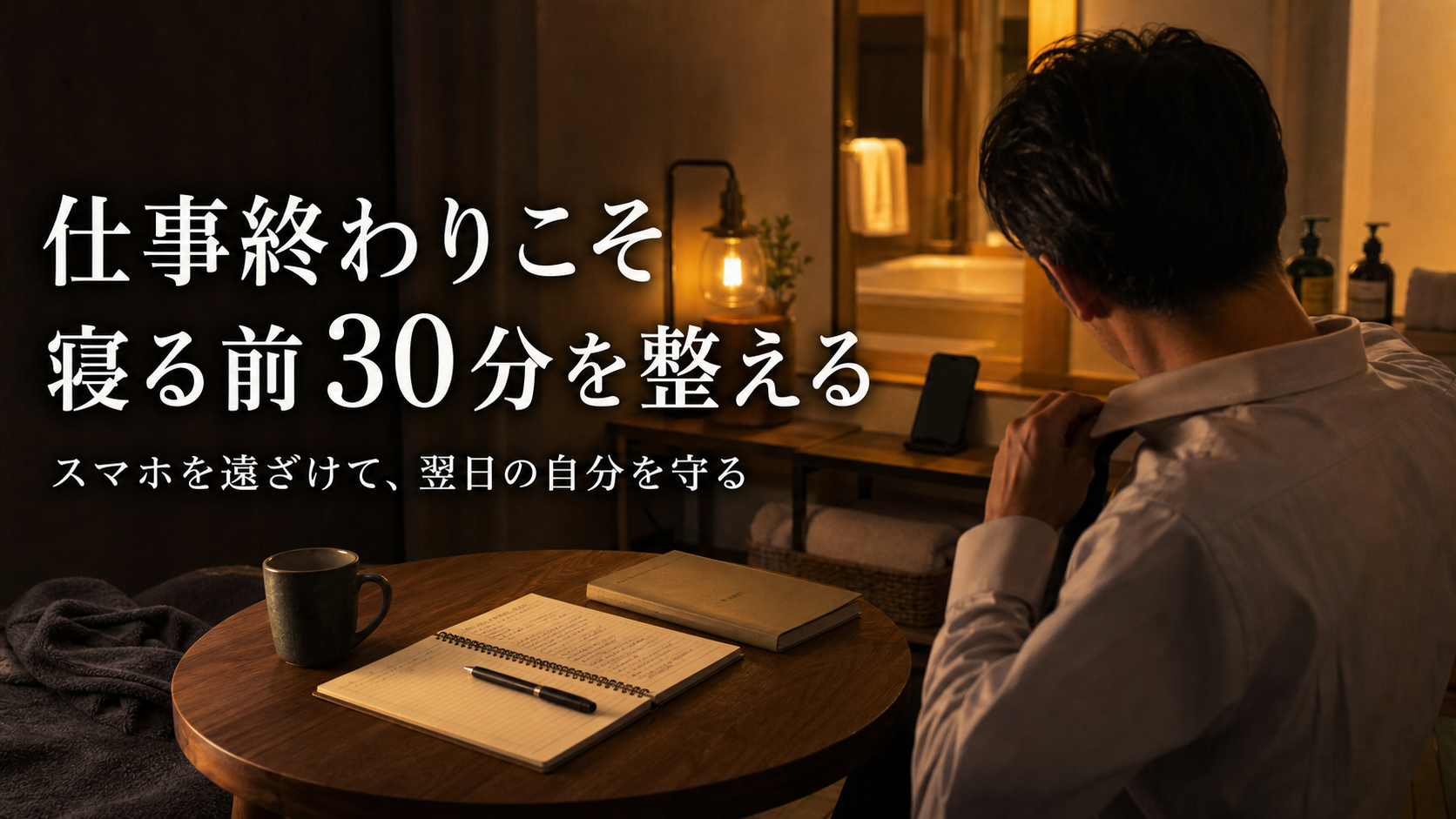 暖色の照明がある夜の机にノートとスマホが置かれ、「仕事終わりこそ寝る前30分を整える」と表示されたサムネイル