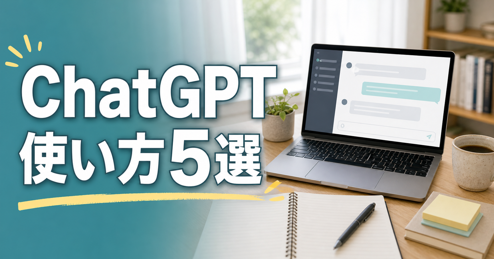 ChatGPTの使い方5選を紹介する、チャット画面のパソコンとノートが置かれたデスク