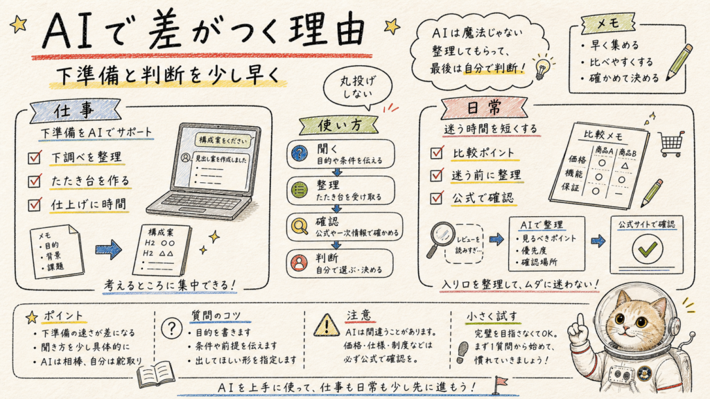 AIを使う人が下準備や調べ物を進めやすい理由と確認の流れをまとめた図解