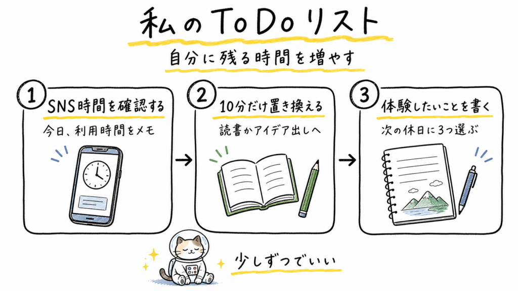 SNS時間の確認、10分の読書やアイデア出し、次の休日に体験したいことを書く3項目の手描きToDo画像