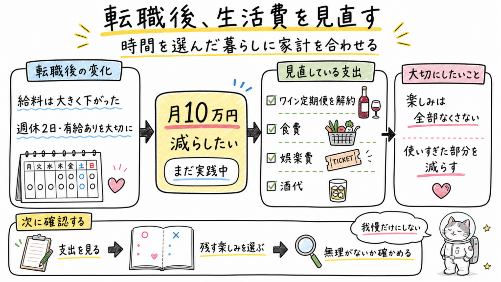 転職後の給料低下と大切にしたい休み、見直す四つの支出、月10万円減らしたい目標を整理した手描き図解