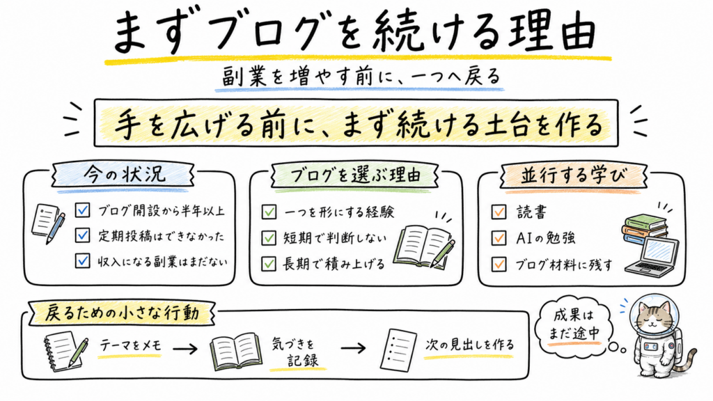 ブログ開設から半年以上の現状、ブログを選ぶ理由、読書とAI学習、戻るための行動を手書きで整理した図解
