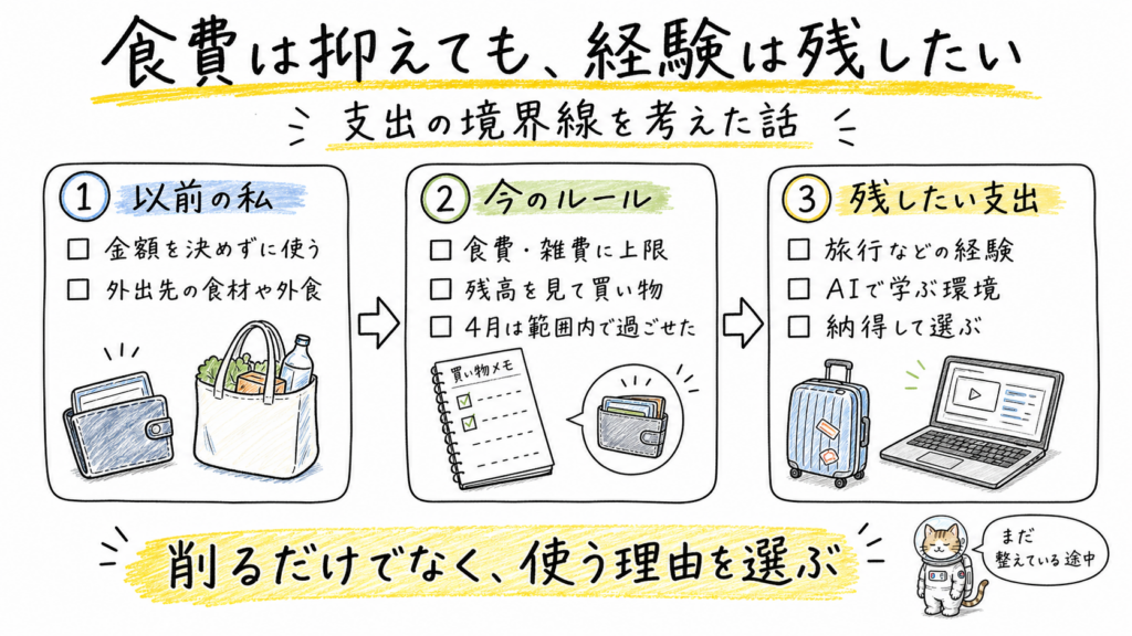 食費と雑費の上限、残高確認、旅行やAIで学ぶ環境など残したい支出を整理した手描き図解