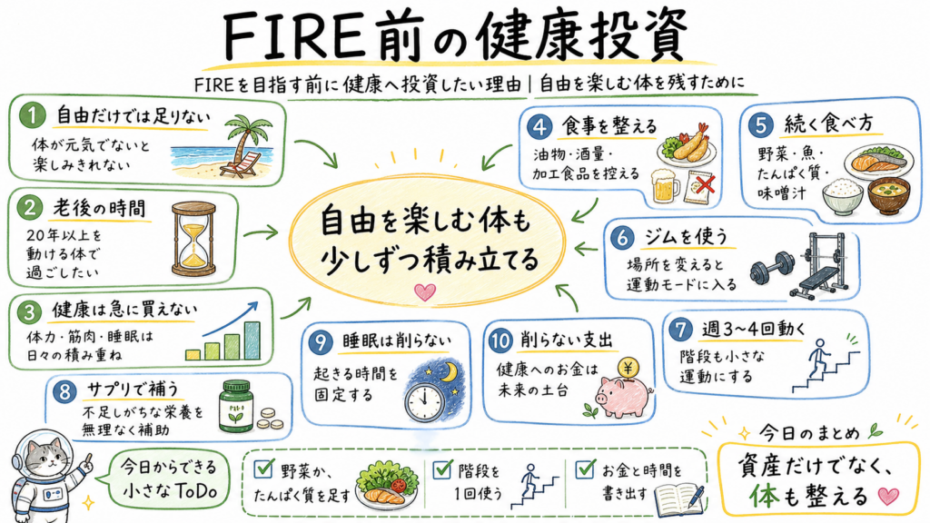 FIRE前の健康投資として、自由だけでは足りない理由、老後の時間、食事、ジム、運動、サプリ、睡眠、削らない支出を整理した手書き風インフォグラフィック