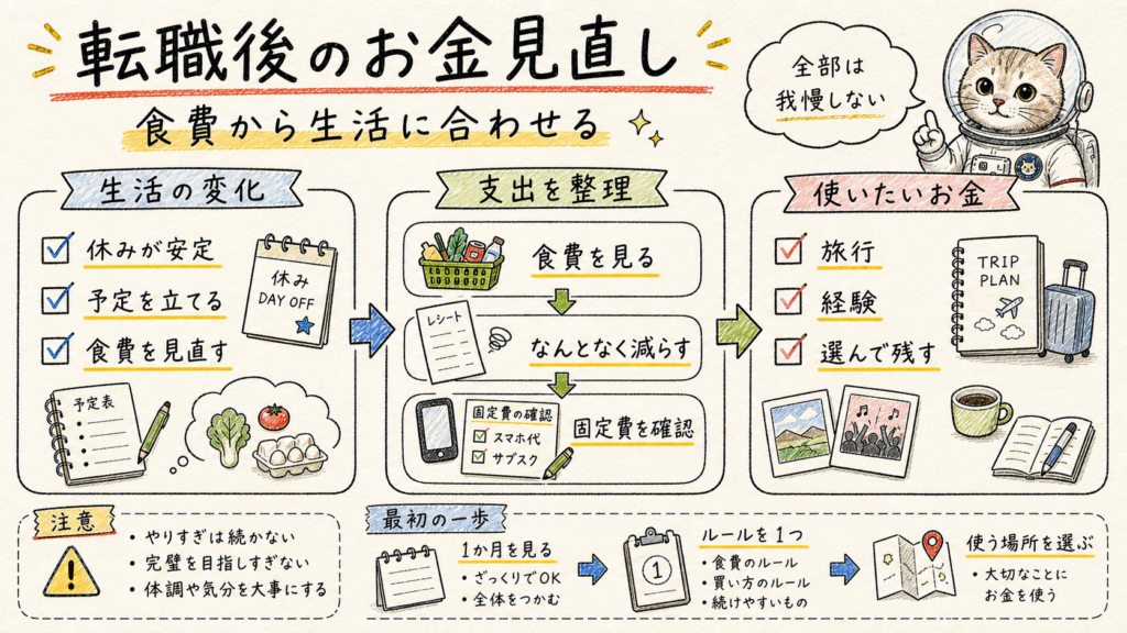  転職後に食費と固定費を生活に合わせて整える考え方をまとめた図解