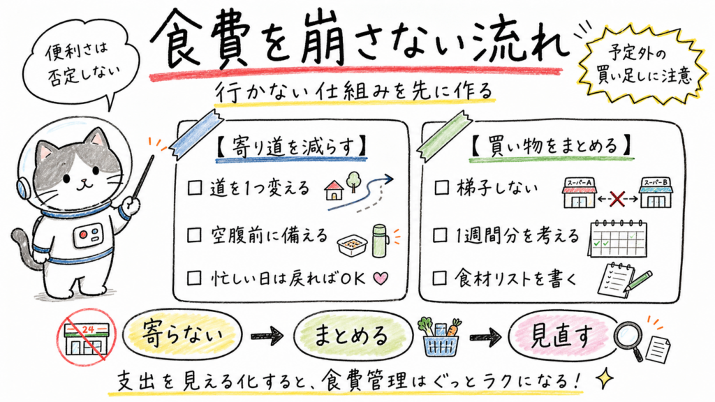 コンビニに寄らず食費管理を崩しにくくする買い物ルールをまとめた手描き図解