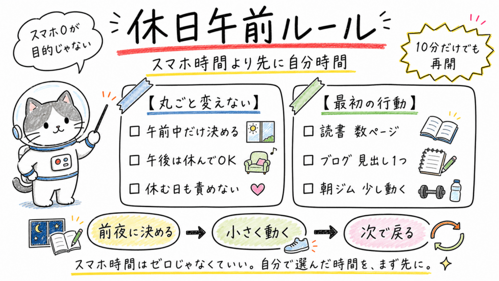 休日の午前中をスマホ時間から自分時間へ戻す考え方をまとめた手描き図解