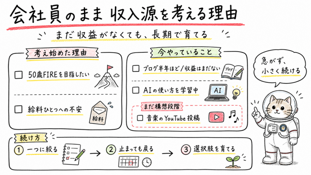 給料ひとつへの不安、ブログとAI学習の現状、構想段階のYouTube投稿、長期で続ける流れを手書きでまとめた図解