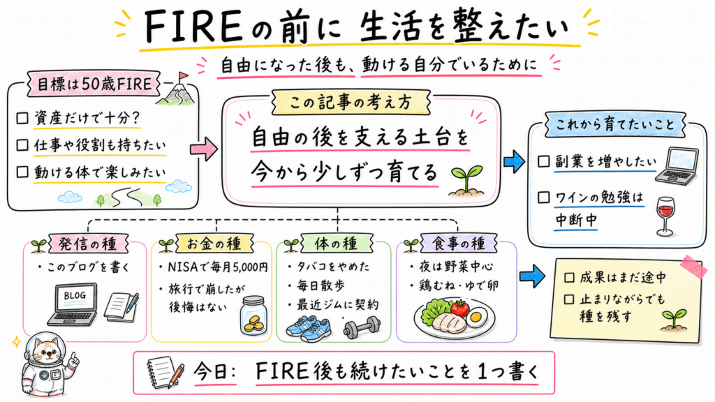 50歳FIREに向けてブログ、NISAでの毎月5,000円の積立、運動、食事を種まきとして整理した手描き図解