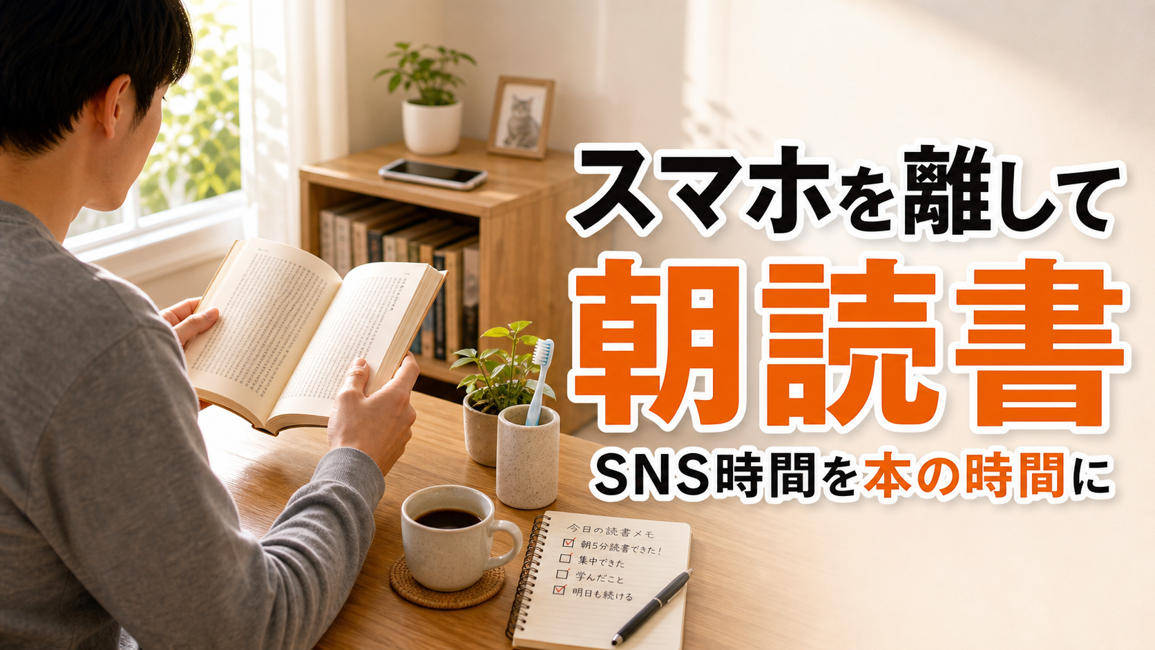 朝の机で本を開く男性と離れた場所に置いたスマホを写し、スマホ時間を朝読書に変える工夫を伝えるブログサムネイル