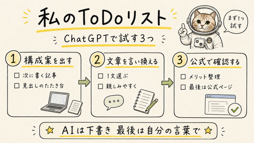 ChatGPTで構成案、文章の言い換え、公式確認を試す3つのToDoリスト