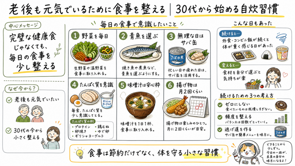 老後も元気でいるために30代から食事を整える考え方を、野菜、青魚、サバ缶、たんぱく質、味噌汁、揚げ物の頻度で整理した手書き風インフォグラフィック