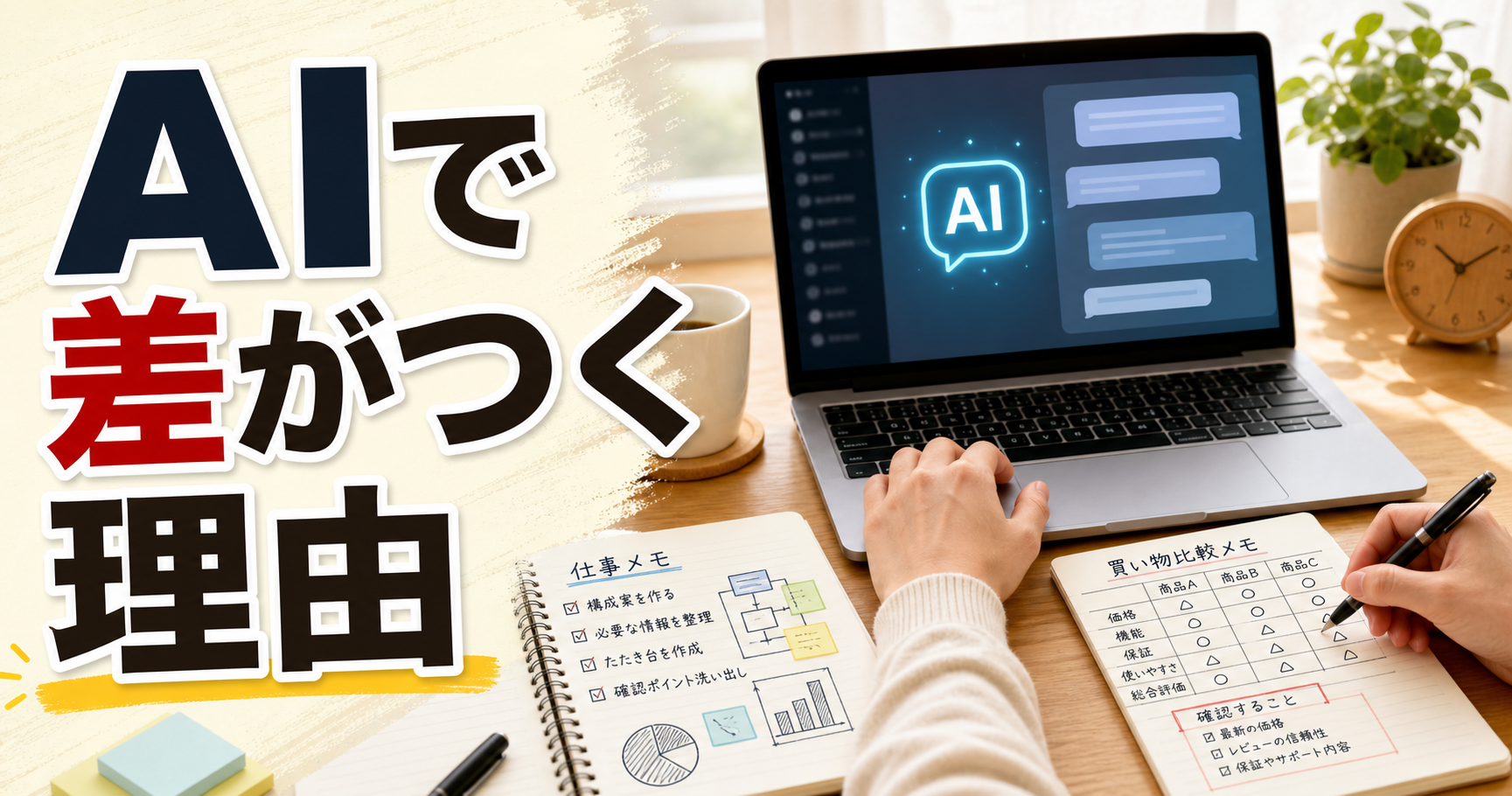 仕事メモと日用品の比較メモを置いた机でAI活用を始める記事サムネイル