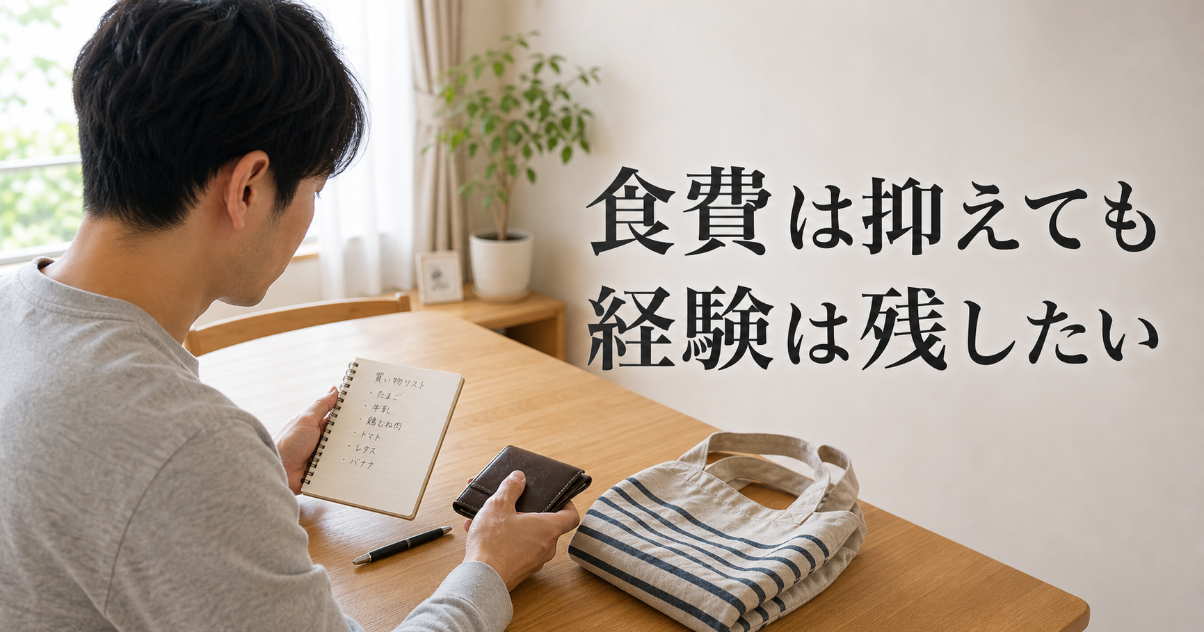 買い物メモと財布を確認する男性の後ろ姿に「食費は抑えても 経験は残したい」と表示されたサムネイル