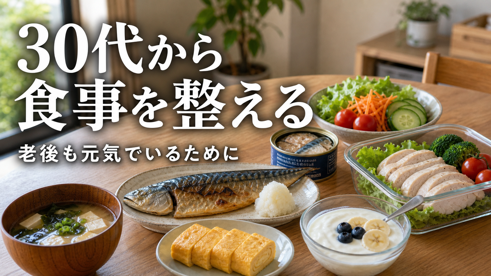 野菜、焼き魚、サバ缶、味噌汁、卵焼き、鶏むね、ヨーグルトが並ぶ食卓に「30代から食事を整える」と書かれたサムネイル