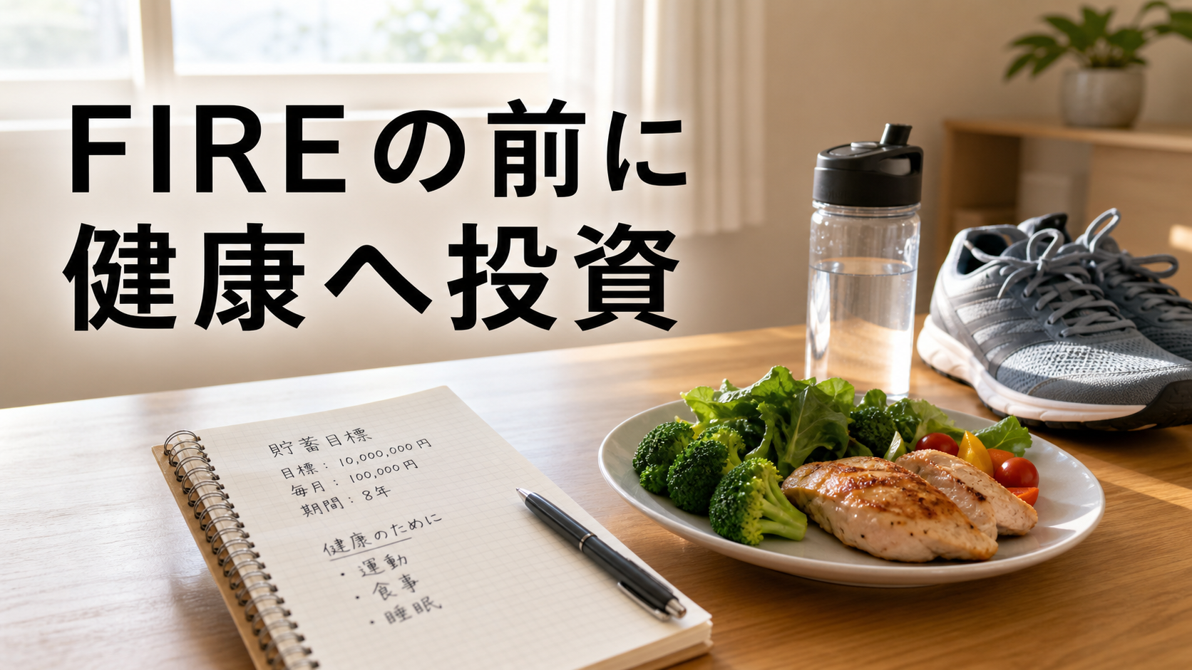 明るい机の上に健康的な食事、運動靴、水筒、ノートが置かれ、「FIREの前に健康へ投資」と書かれたサムネイル