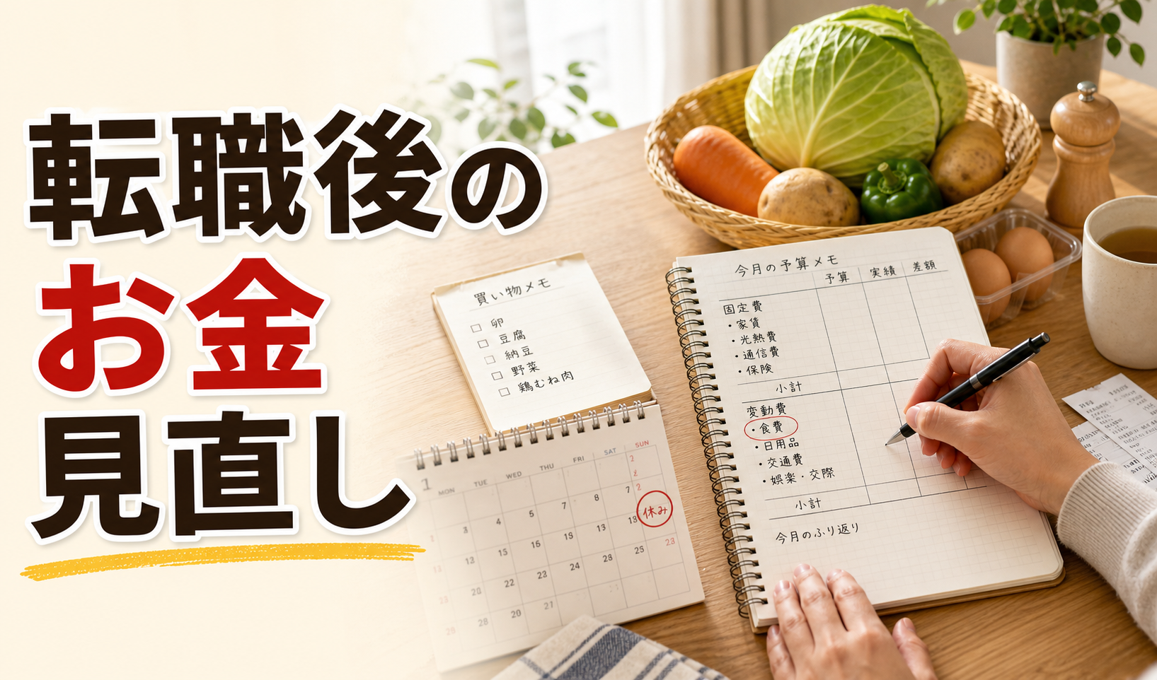 家計ノートと買い物メモと食材を並べて転職後の食費とお金を見直す記事サムネイル
