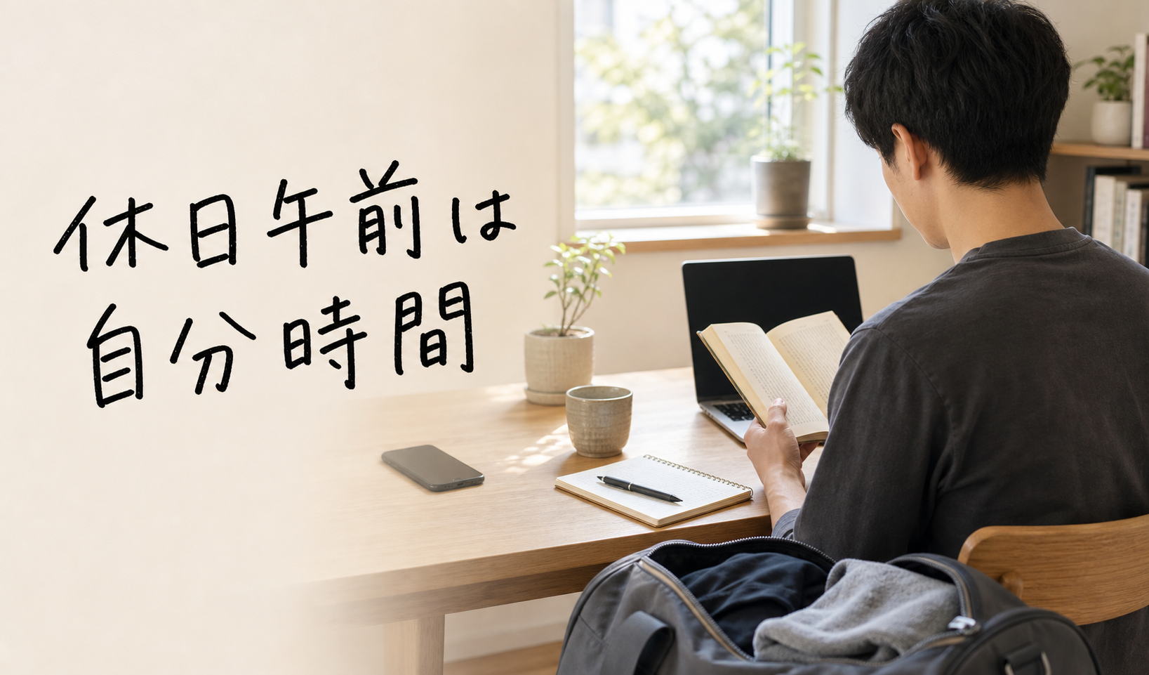 休日の明るい朝にスマホを置いて読書や作業へ向かう男性のイメージ