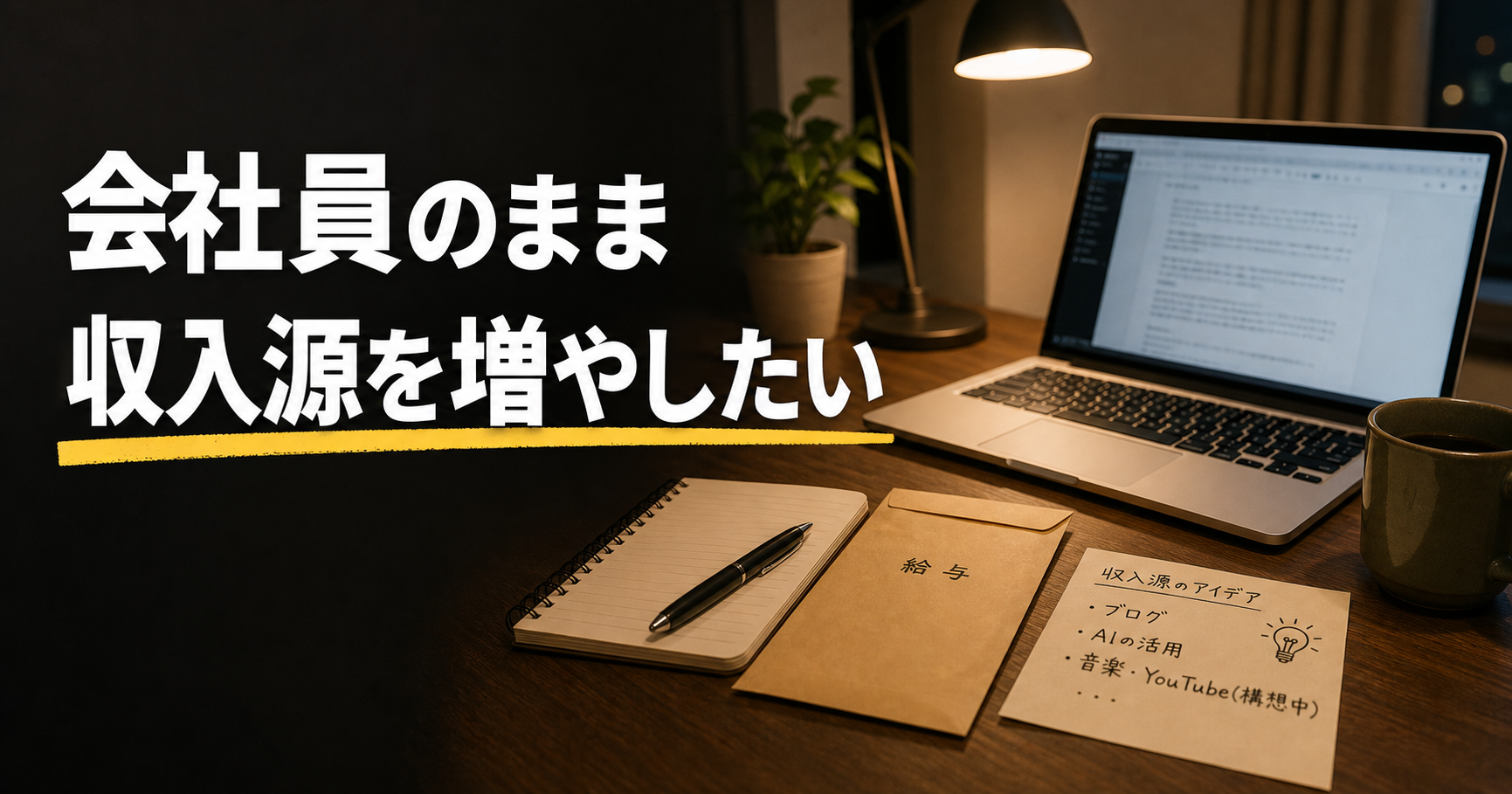 夜の机にノートPCと給与封筒、収入源のアイデアメモが置かれ、「会社員のまま 収入源を増やしたい」と表示されたサムネイル