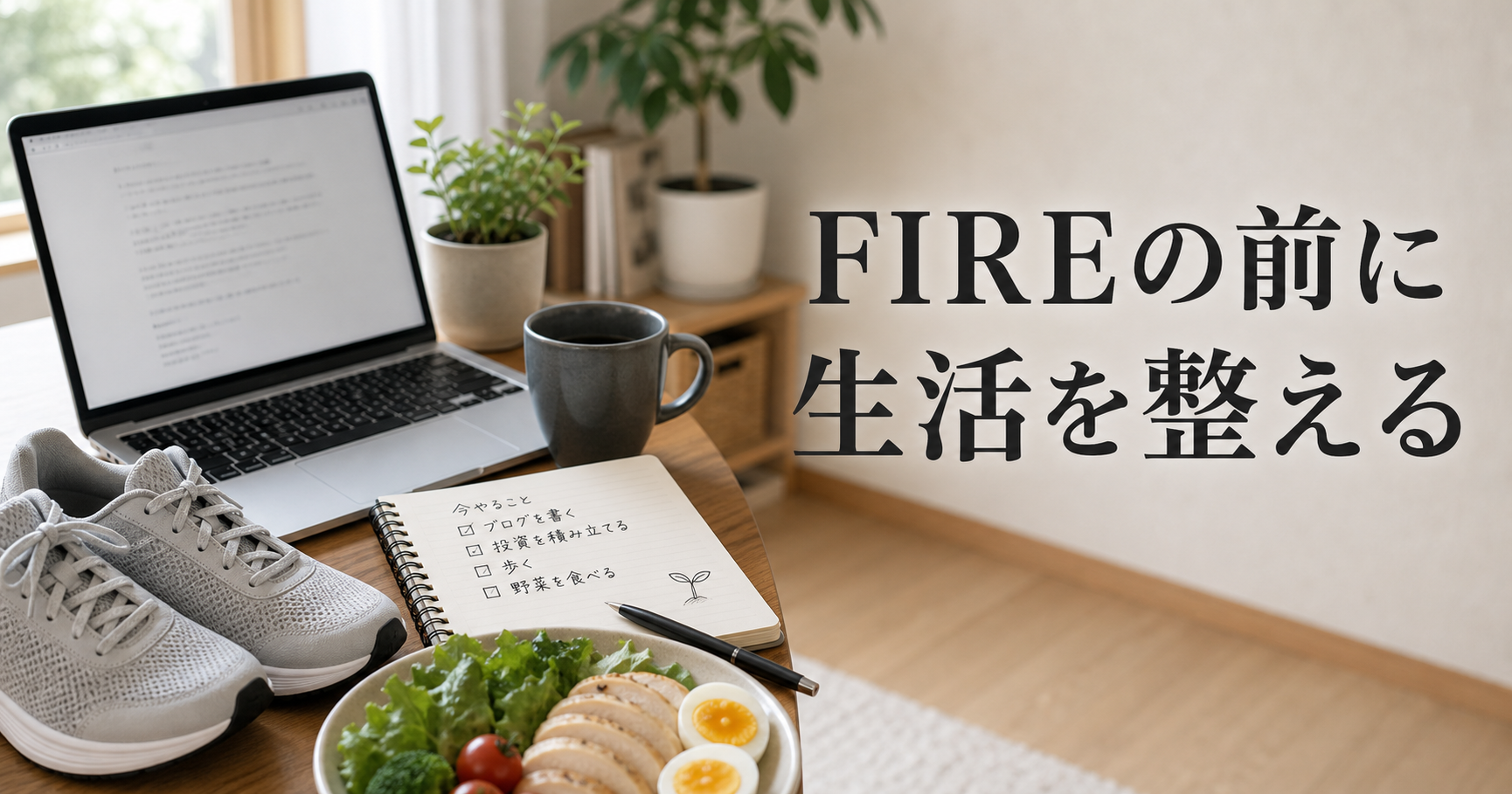 ノートパソコン、スニーカー、野菜と鶏むね肉の皿が置かれた机に「FIREの前に 生活を整える」と表示した写真