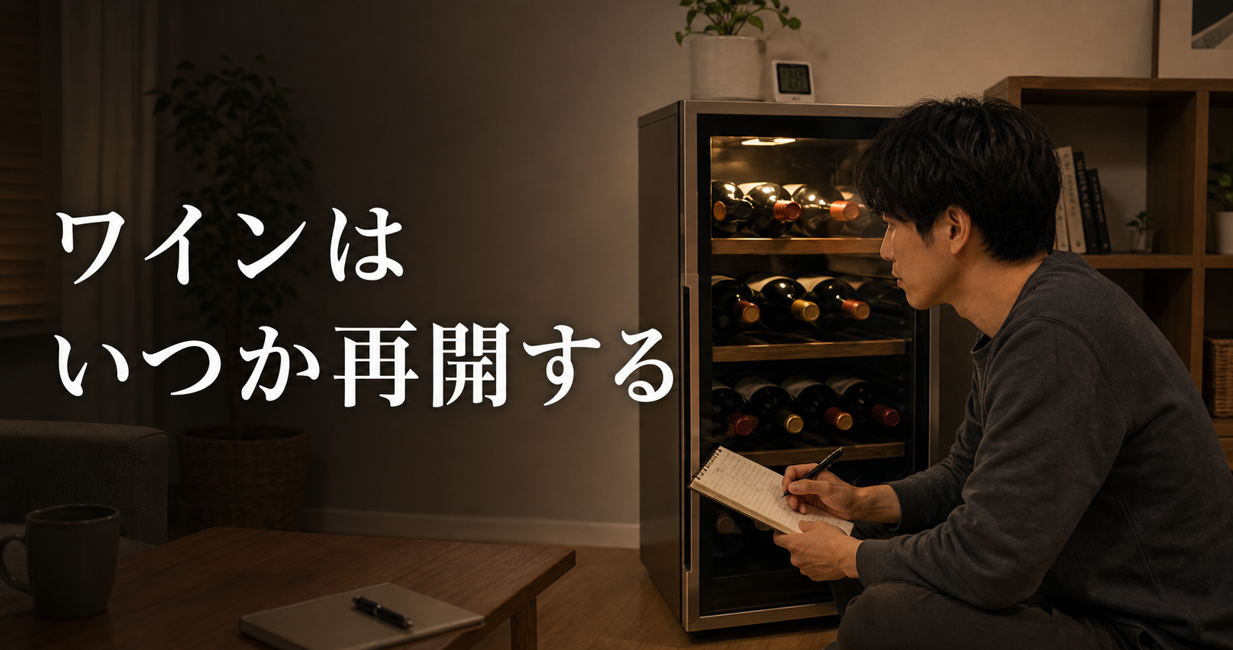 ワインセラーの前でノートを持つ男性と「ワインは いつか再開する」の文字を写した写真