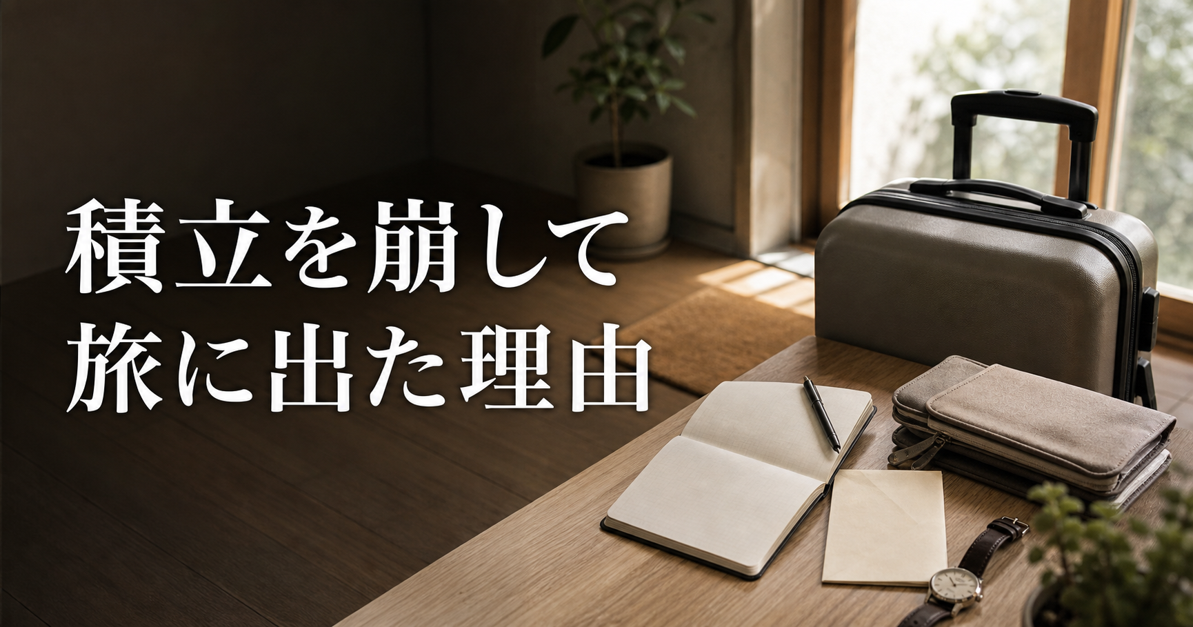キャリーケースと旅のノートが置かれた部屋に「積立を崩して 旅に出た理由」と書かれたサムネ画像