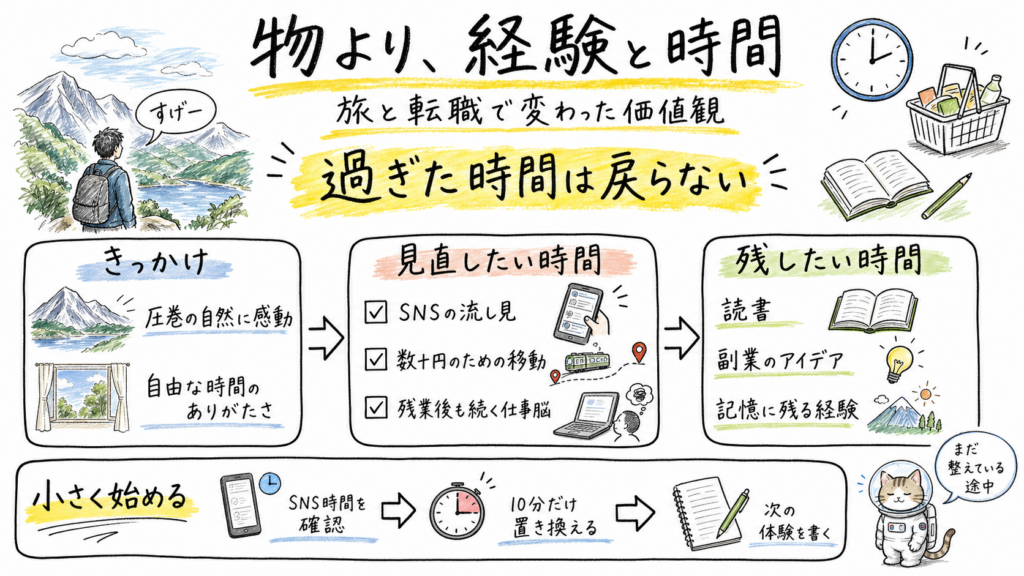 旅と転職をきっかけにSNS、数十円のための移動、残業を見直し、読書や経験に時間を残したい考えをまとめた手描き図解