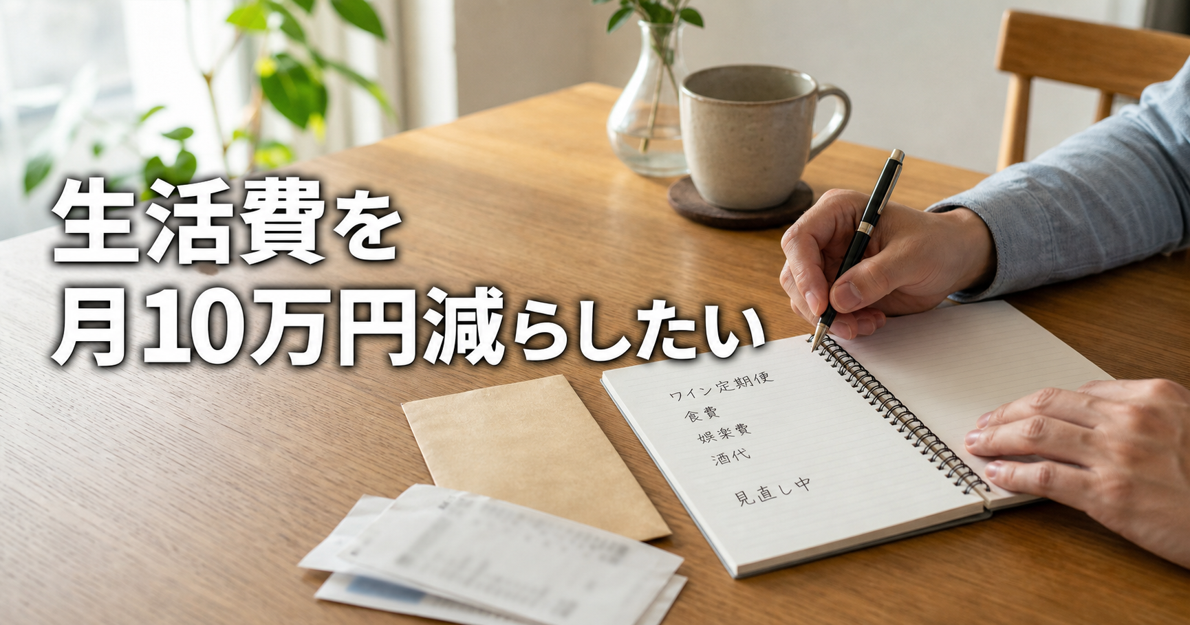 明るい食卓で支出カテゴリを書いた家計ノートを確認する手元に「生活費を月10万円減らしたい」と表示されたサムネ画像