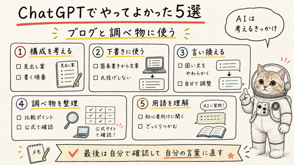 ブログと調べ物に活かせるChatGPTでやってよかった5つの使い方をまとめた図解