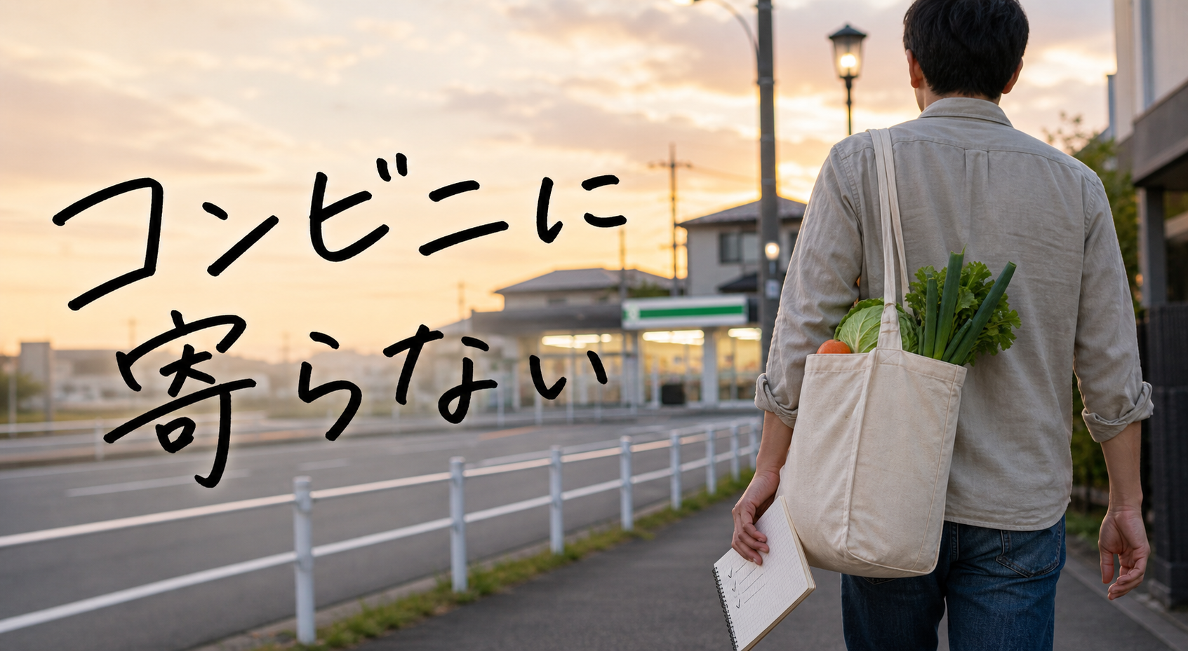 コンビニに寄らず食材の入った買い物袋と買い物メモを持って帰る生活イメージ