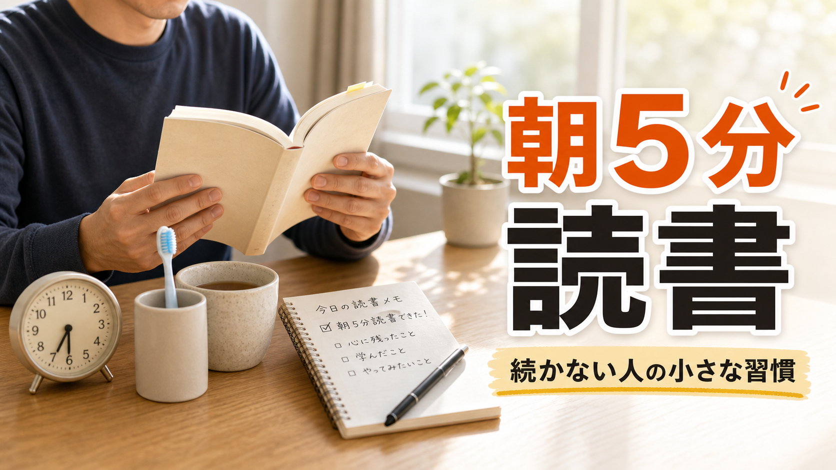 朝の机で本を読む男性と歯ブラシや時計を添え、朝5分読書の小さな習慣を伝えるブログサムネイル