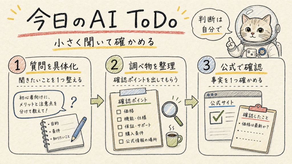 ChatGPTへの質問を具体化し調べ物を整理して公式情報を確認する3つのタスク画像