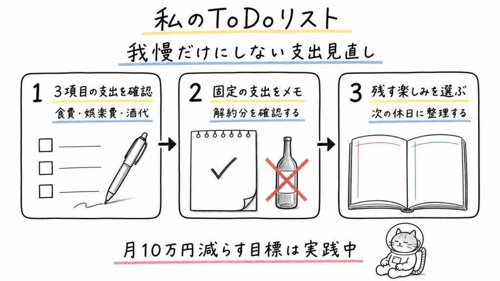 食費・娯楽費・酒代の確認、固定支出のメモ、残す楽しみの整理を示す三項目の手描きToDo画像