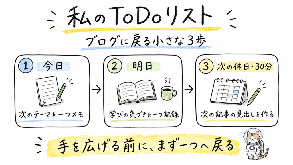 今日のテーマメモ、明日の学びの記録、次の休日30分で記事の見出しを作るという3つの行動を示した手書きToDo画像