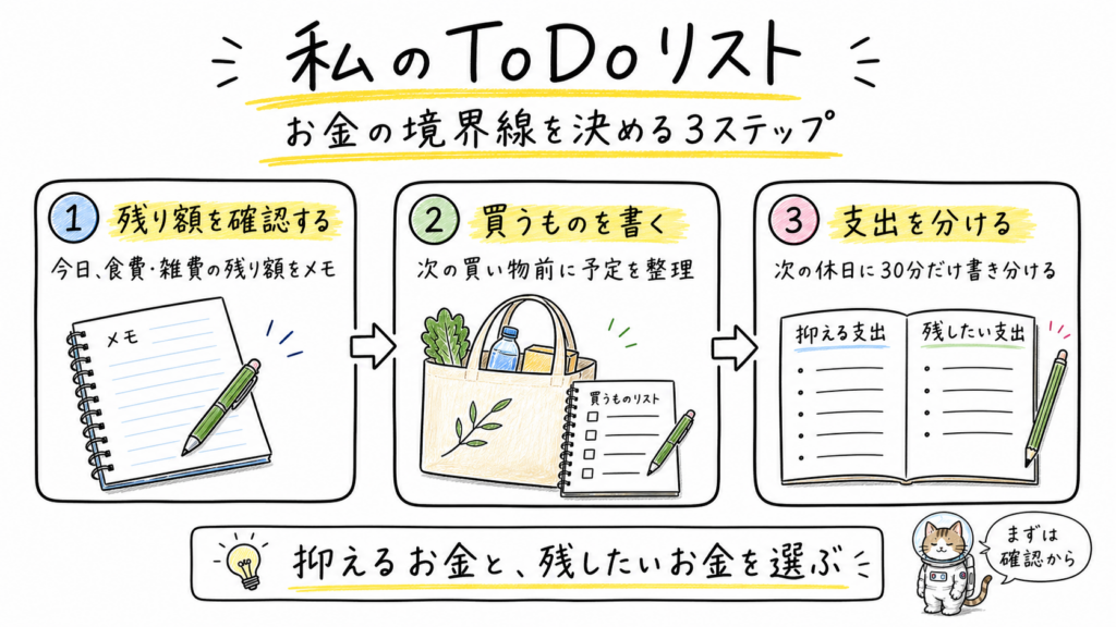 残り額を確認する、買うものを書く、抑える支出と残したい支出を分ける三つの行動を示した手描きToDoリスト