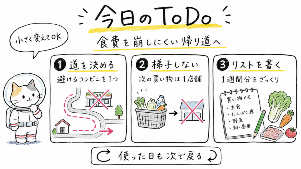 コンビニを避ける道選びとスーパーを一店舗で終える買い物ルールと食材リスト作りのToDo図解