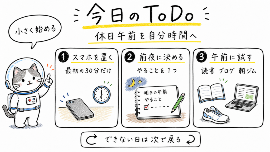 休日の朝にスマホを見ない時間と前夜の行動決めと午前予定を試すToDo図解