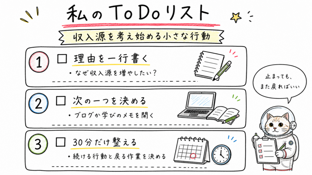 収入源を考え始めるために、理由を一行書く、次の一つを決める、30分だけ整えるという3つの行動を示したToDo画像