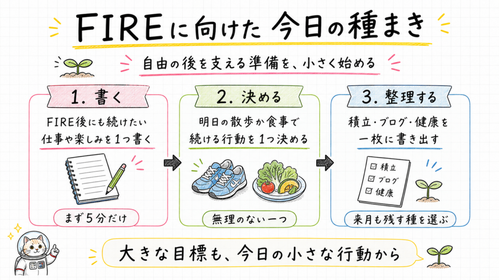 FIRE後に続けたいことを書く、明日の行動を決める、積立・ブログ・健康を整理する3つのToDo図解