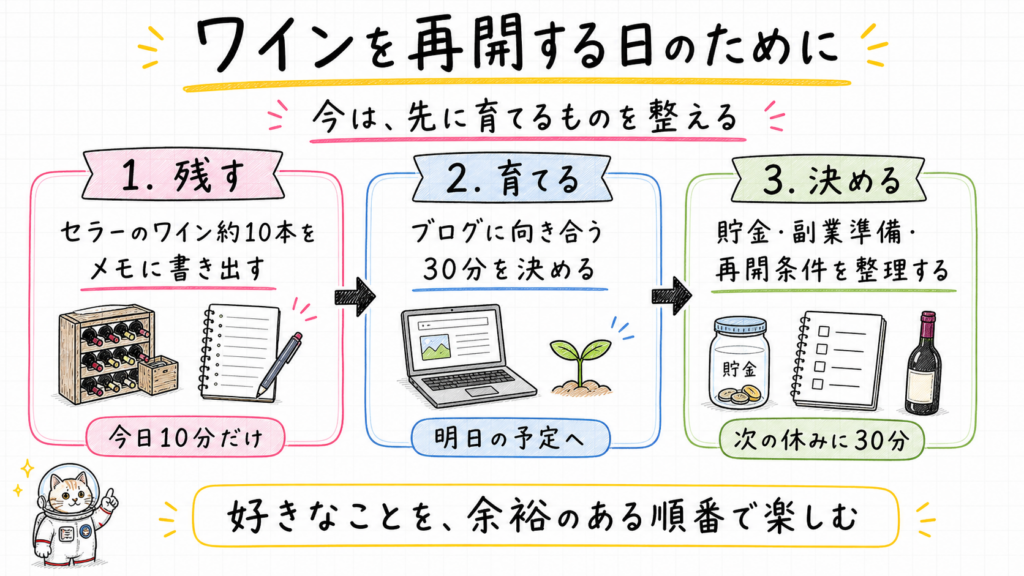 保管ワインのメモ、ブログ時間、貯金・副業準備・ワイン再開条件の整理を示す3項目のToDo図解