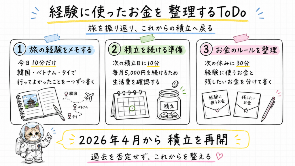 旅の経験のメモ、毎月5,000円の積立を続ける準備、お金のルール整理を示した3項目のToDo図解