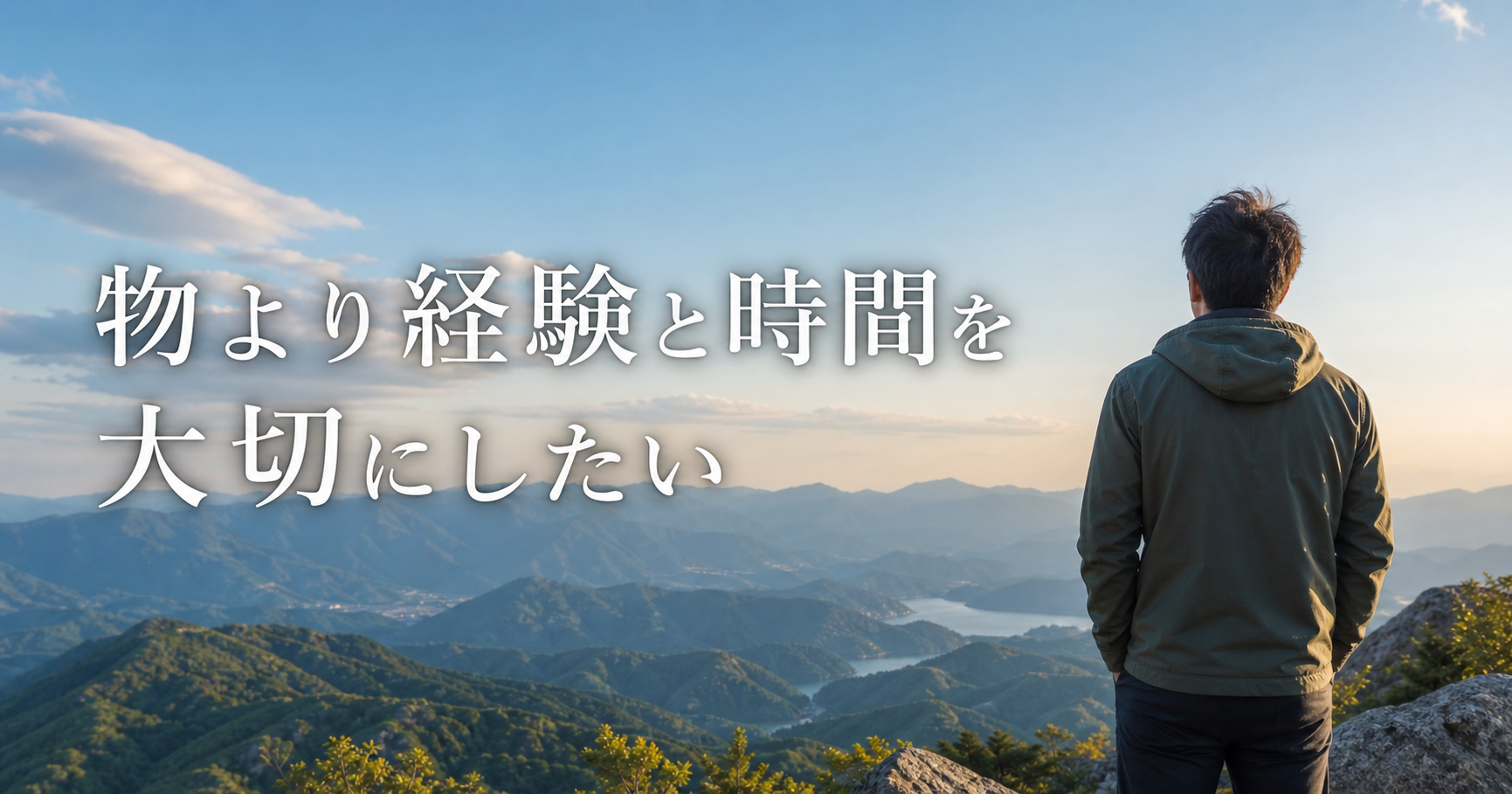 雄大な山岳風景を見つめる男性の後ろ姿に「物より経験と時間を大切にしたい」と重ねたサムネ画像