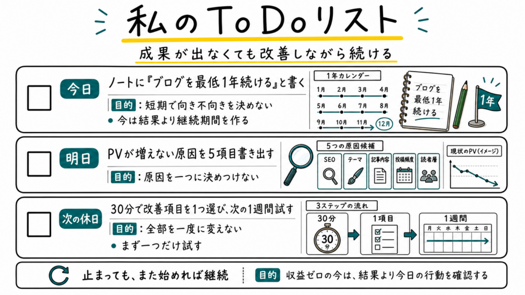 ログを最低1年続ける、PVが増えない5つの原因を調べる、改善項目を1週間試す目的と手順をまとめたToDoリスト