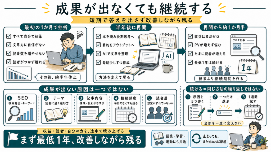 ブログ開始1か月での挫折、半年後の再開、収益ゼロの現在地、成果が出ない5つの原因と改善の3ステップをまとめた図解