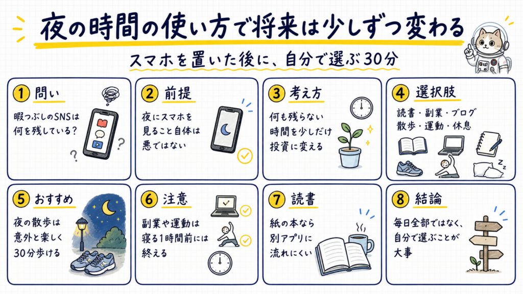 夜の時間の使い方を、SNS、読書、副業、散歩、運動、休息など8項目で整理し、右上に宇宙服の猫キャラクターがいる横長の手描き風図解