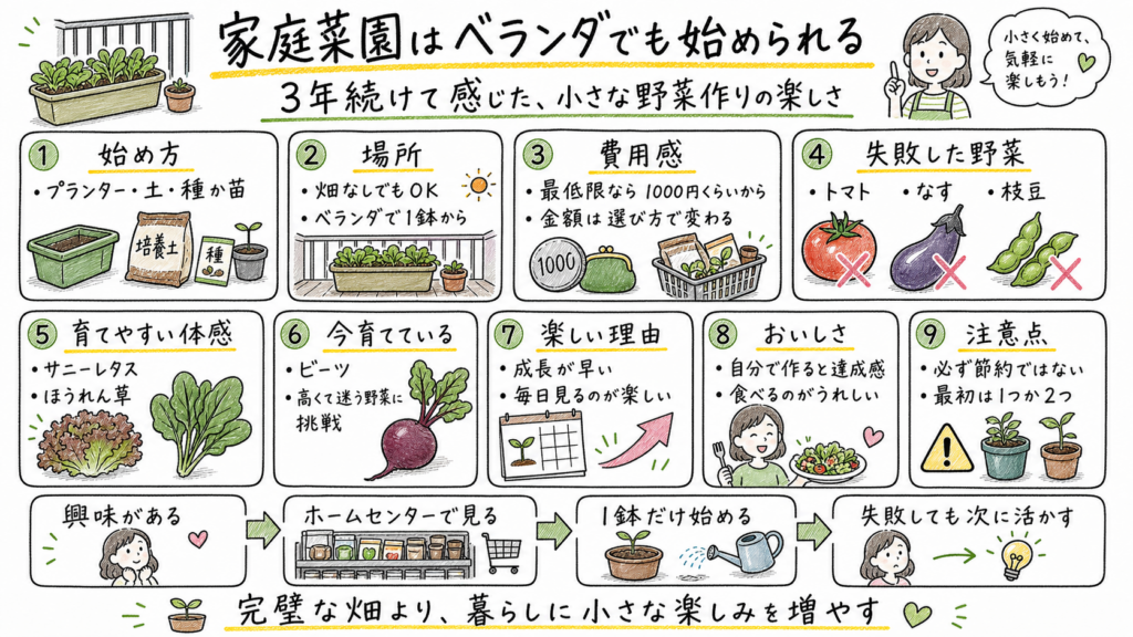 ベランダ家庭菜園の始め方、費用感、失敗した野菜、育てやすい葉物、注意点を9項目と下段フローで整理した手描き図解