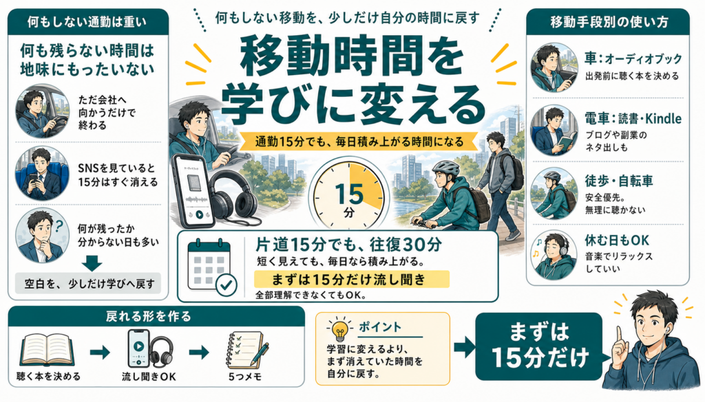 移動時間を車・電車・自転車徒歩・休む日ごとに整理し、通勤15分を学びや考える時間に変える流れを示した手描き図解